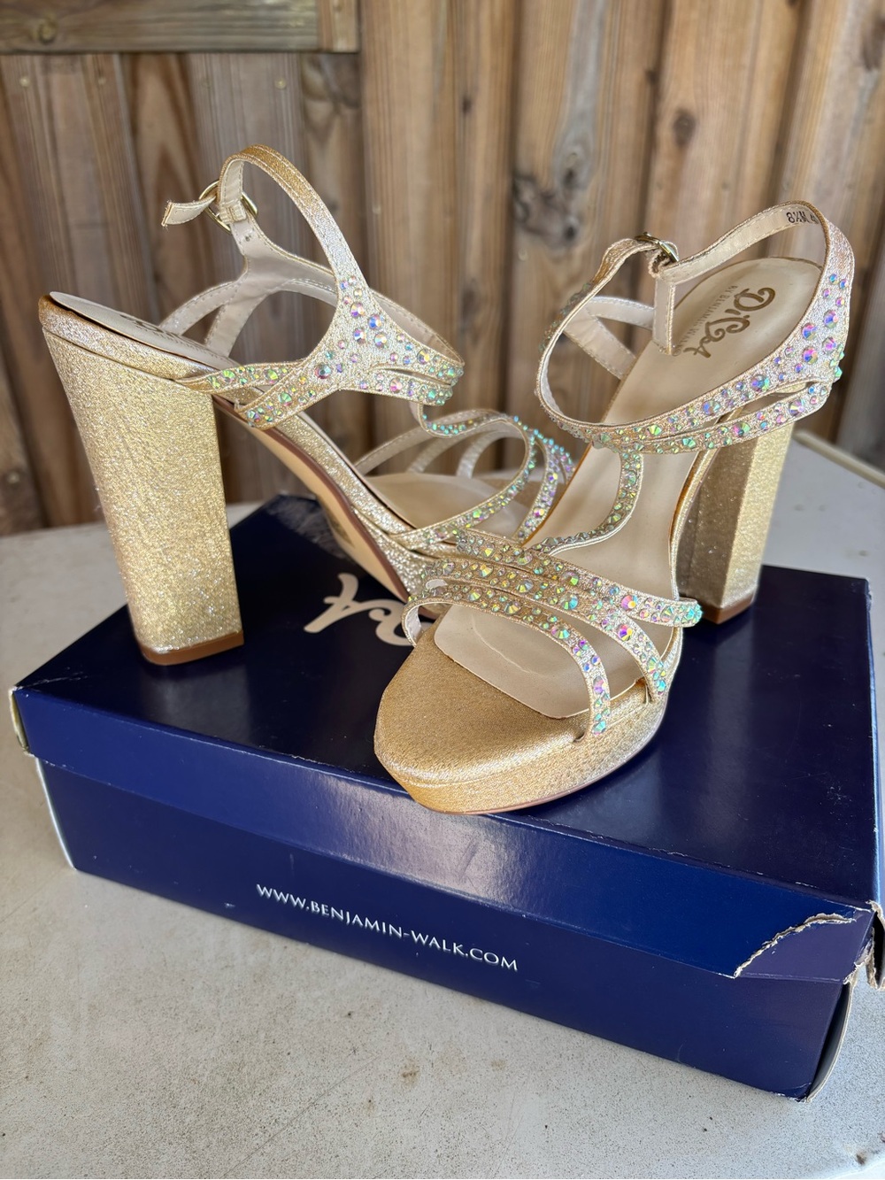 Benjamin Walk Iridescent Gold T-Strap Rhinestone Heels - Picture 3 of 8